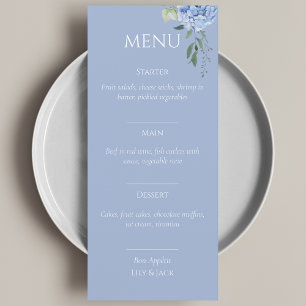 Elegantes Blue Beige Hydrangea Wedding Menu Menükarte