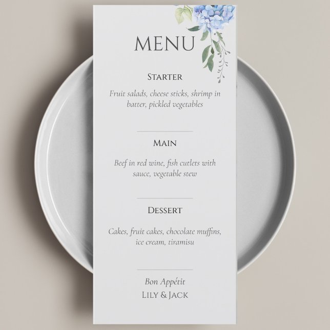 Elegantes Blue Beige Hydrangea Wedding Menu Menükarte (Von Creator hochgeladen)