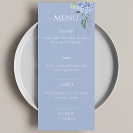 Elegantes Blue Beige Hydrangea Wedding Menu Menükarte