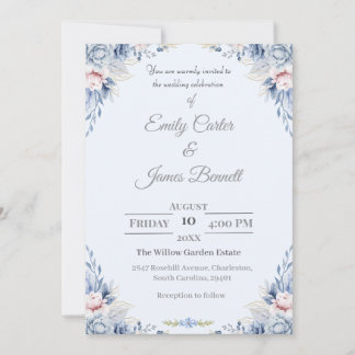 Elegantes Blue & Blush Blues Hochzeitsempfang Einladung
