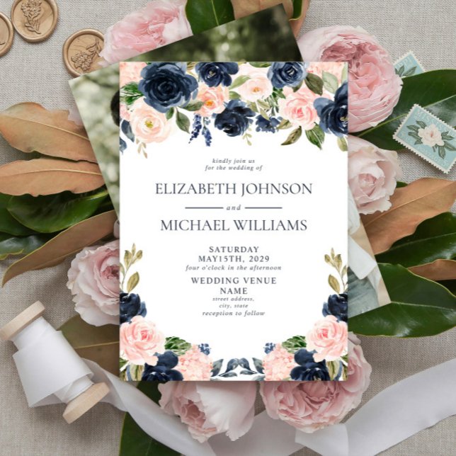 Elegantes Blue Blush Wassercolor Foto Hochzeit Einladung (Von Creator hochgeladen)