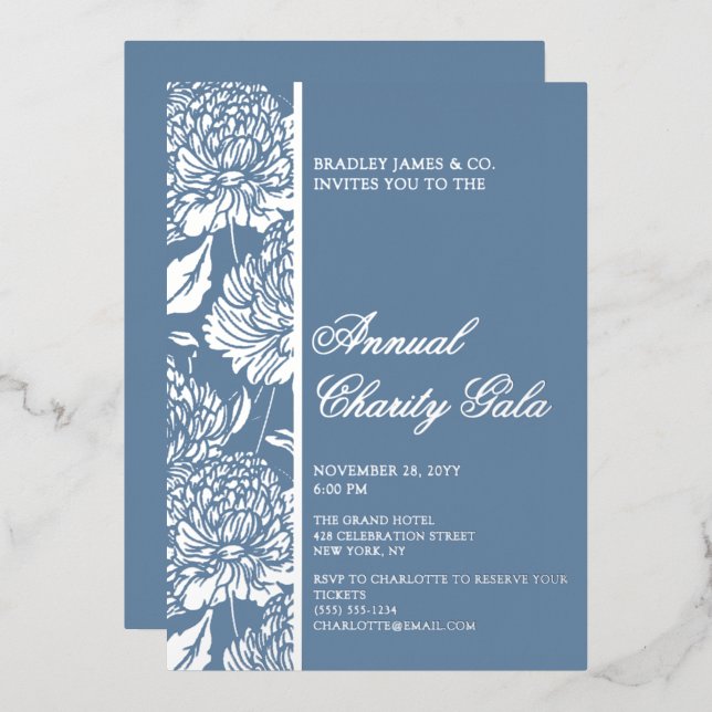 Elegantes Blue Botanical Wohltätigkeit Event Gala  Folieneinladung (Vorderseite/Rückseite)