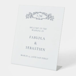 Elegantes Blue botanisches Wappen Monogramm Begrüß Sockelschild