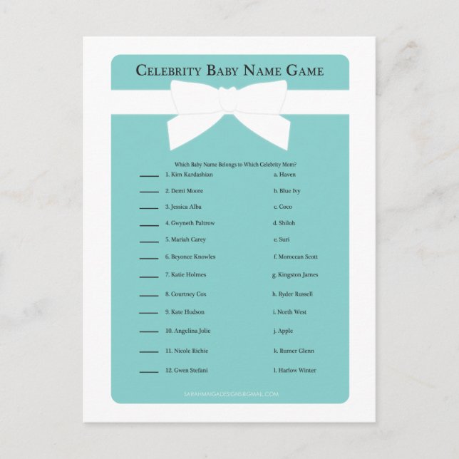 Elegantes Blue Bow Celebrity Baby Name Duwer Game Einladungspostkarte (Vorderseite)