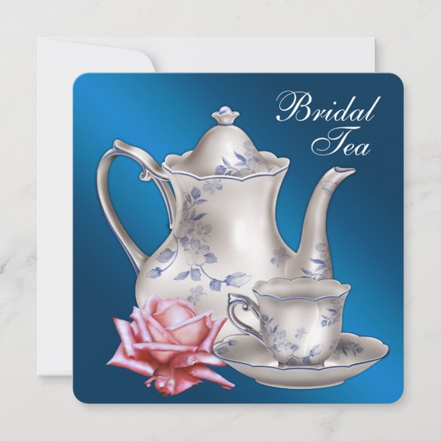 Elegantes Blue Bridal Tea Party Einladung (Vorderseite)
