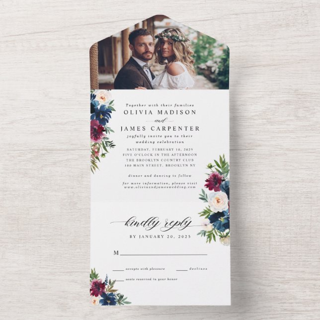 Elegantes Blue Burgundy Foto Hochzeit All In One Einladung (Innen Boden)
