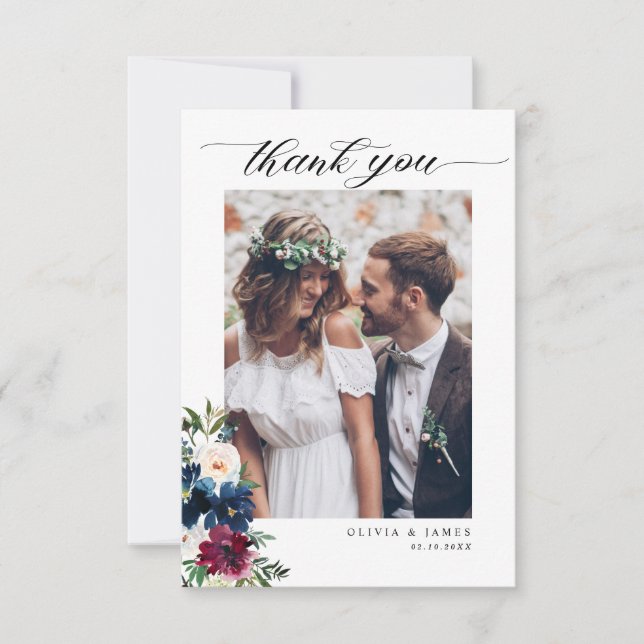 Elegantes Blue Burgundy Foto Hochzeit Dankeskarte (Vorderseite)