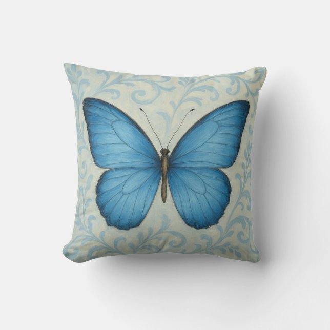 Elegantes Blue Butterfly Vintages Kissen (Vorderseite)
