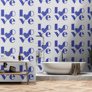 Elegantes Blue Checkered Heart & Liebe Typografie Tapete