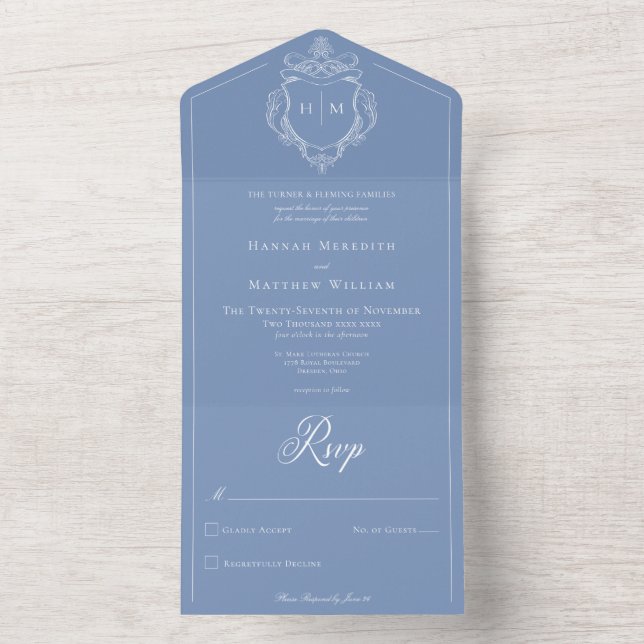 Elegantes Blue Chinoiserie Bird Wappen Hochzeit All In One Einladung (Innen Boden)