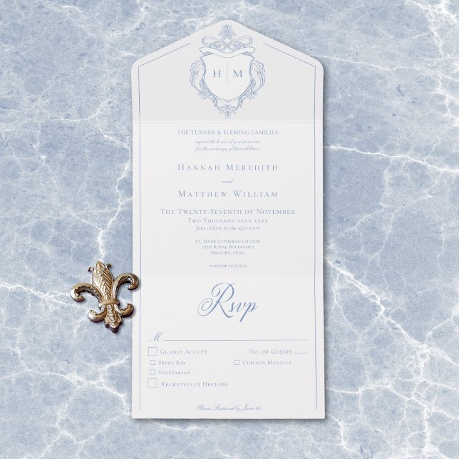 Elegantes Blue Chinoiserie Bird Wappen Hochzeit All In One Einladung (Elegant Blue Chinoiserie Bird Crest Wedding All In One Invitation)