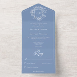 Elegantes Blue Chinoiserie Bird Wappen Hochzeit All In One Einladung