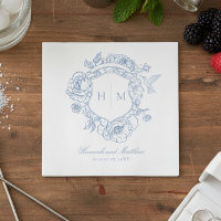 Elegantes Blue Chinoiserie Bird Wappen Hochzeit
