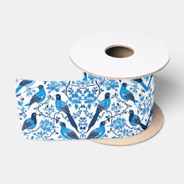 Elegantes Blue Chinoiserie Blumenvogel Brautparty Satinband