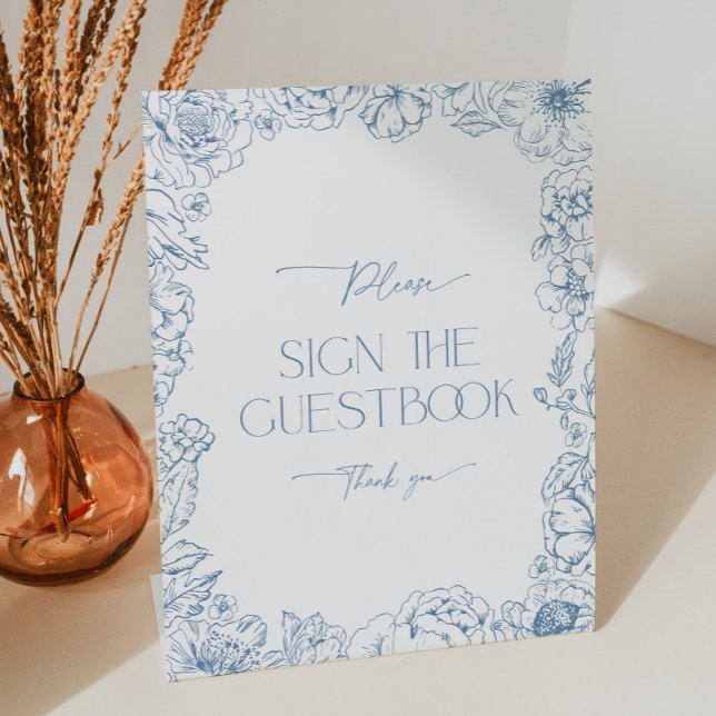 Elegantes Blue Chinoiserie Brautparty Gästebuch Sockelschild (Elegant blue chinoiserie floral toile de jouy guestbook sign)