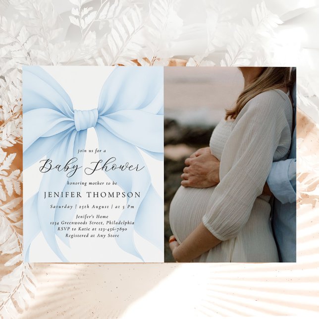 Elegantes Blue Coquette Bow Girl Baby Shower Foto Einladung (Von Creator hochgeladen)
