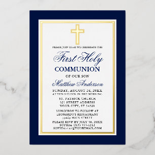Elegantes Blue First Holy Communion Cross Gold Folieneinladung