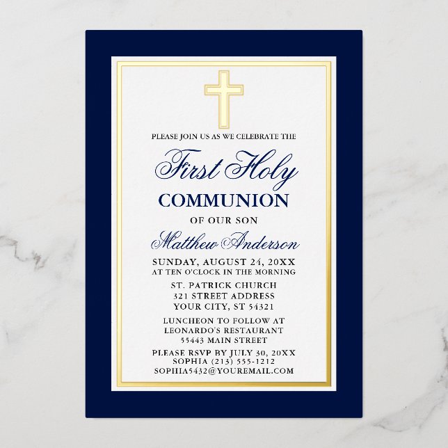 Elegantes Blue First Holy Communion Cross Gold Folieneinladung (Vorderseite)