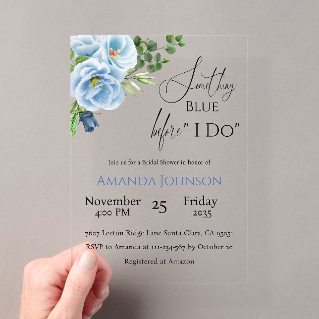 Elegantes Blue Floral Brautparty Acryleinladungen (Insitu (Handheld))