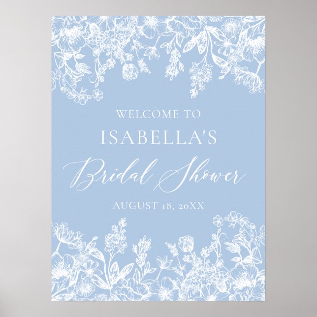 Elegantes Blue Floral Brautparty Begrüßungszeichen Poster (Vorne)