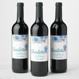 Elegantes Blue Floral Brautparty Food & Beverage Weinetikett