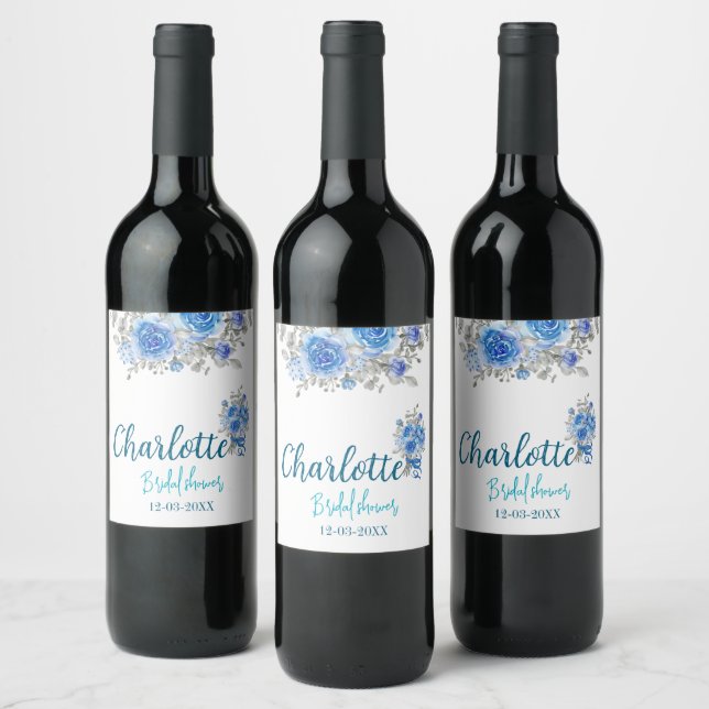 Elegantes Blue Floral Brautparty Food & Beverage Weinetikett (Flaschen)