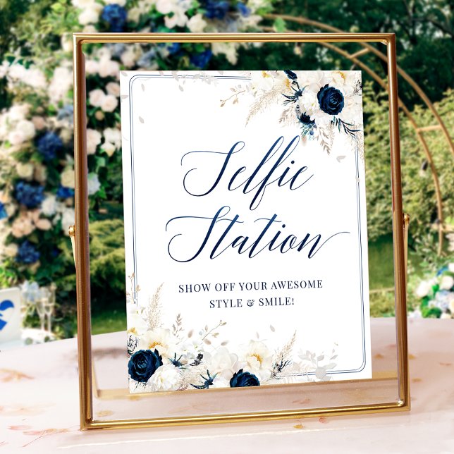 Elegantes Blue Floral Brautparty Foto Signatur Poster (Von Creator hochgeladen)