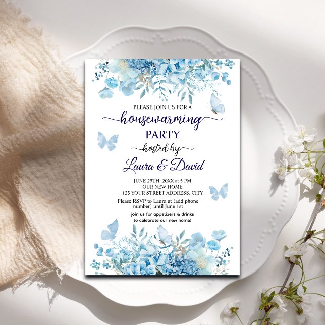 Elegantes Blue Floral Butterflies Housewarming Par Einladung (Von Creator hochgeladen)