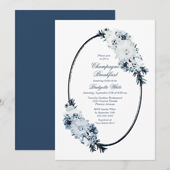 Elegantes Blue Floral Champagne Frühstück Einladung (Vorne/Hinten)