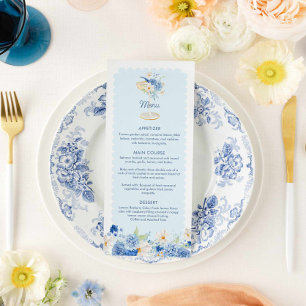 Elegantes Blue Floral Champagne Party Menükarte