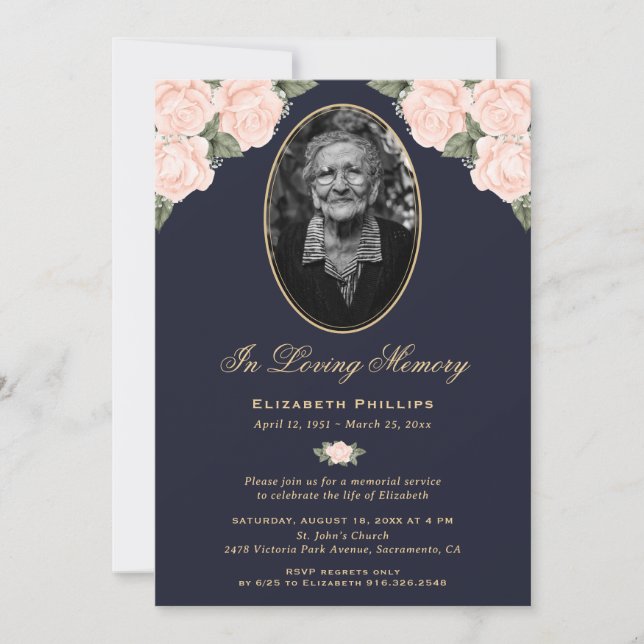 Elegantes Blue Floral Foto Beerdigung Gedenkverans Einladung (Vorderseite)