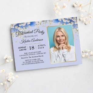 Elegantes Blue Floral Foto Retirement Party Einladung