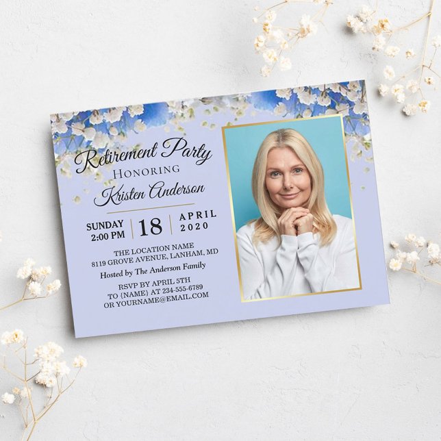 Elegantes Blue Floral Foto Retirement Party Einladung (Von Creator hochgeladen)