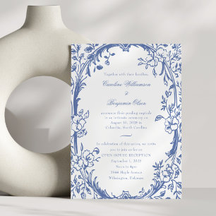 Elegantes Blue Floral Open House Hochzeitsempfang Einladung