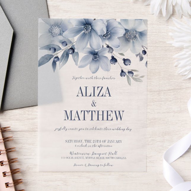 Elegantes Blue Floral Overlay Hochzeit (Blue floral vellum overlay wedding invitation, watercolor, blueberries, modern script, elegant )
