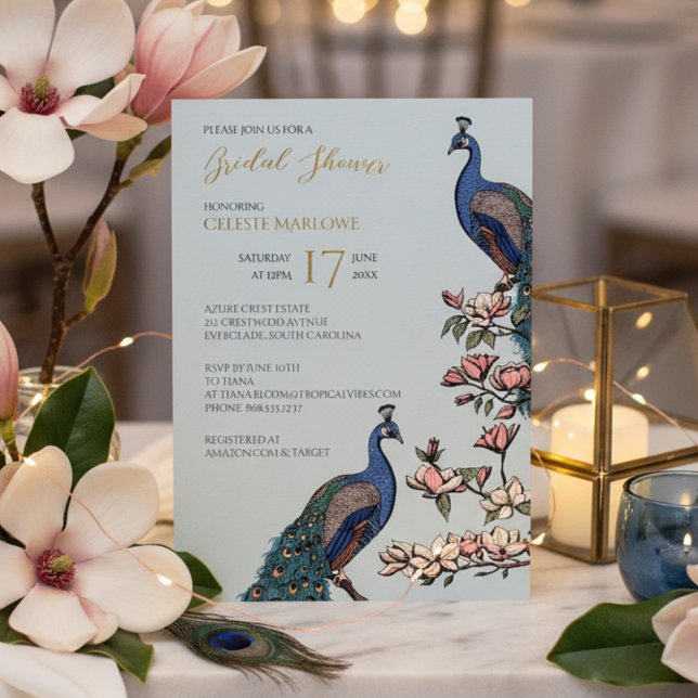 Elegantes Blue Floral Peacock Brautparty Folieneinladung (Elegant Blue, Gold Foil Floral Peacock Bridal Shower Invitations for Her. Classy Bird Teal Feathers)