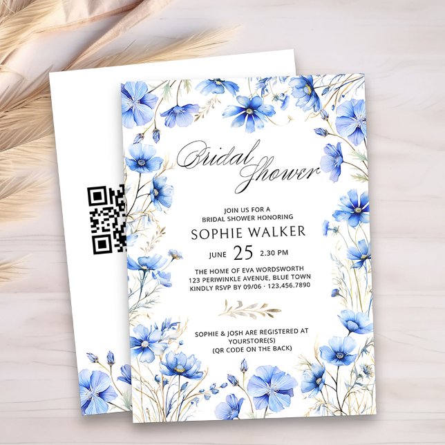 Elegantes Blue Floral QR Code Brautparty Einladung (Something Blue Bridal Shower Invitation with QR Code and Floral Frame)