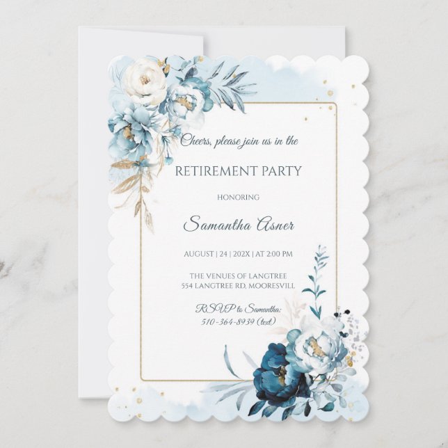 Elegantes Blue Floral Retirement Party Einladung (Vorderseite)