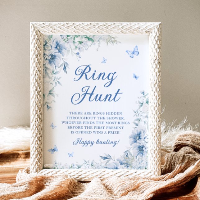 Elegantes Blue Floral Ring Hunt Brautparty Game Poster (Von Creator hochgeladen)