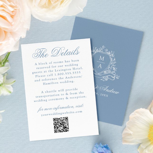 Elegantes Blue Floral Wappen Hochzeiten Details Begleitkarte (Von Creator hochgeladen)