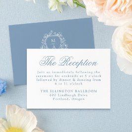 Elegantes Blue Floral Wappen Hochzeitsempfang Begleitkarte