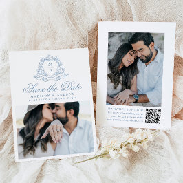 Elegantes Blue Floral Wappen Monogram Foto Hochzei Save The Date