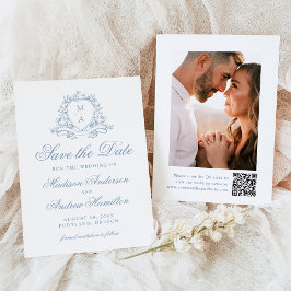 Elegantes Blue Floral Wappen Monogram Foto Hochzei Save The Date