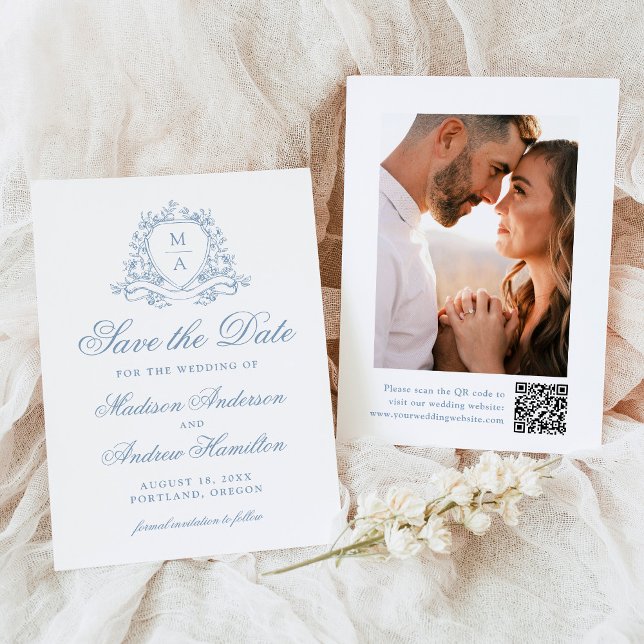 Elegantes Blue Floral Wappen Monogram Foto Hochzei Save The Date (Von Creator hochgeladen)