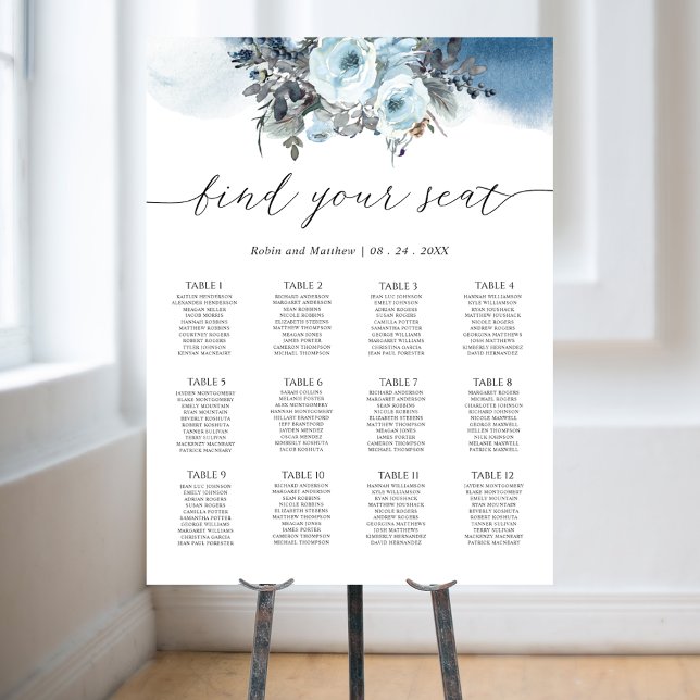 Elegantes Blue Floral Wedding Chart Sign Poster (Von Creator hochgeladen)