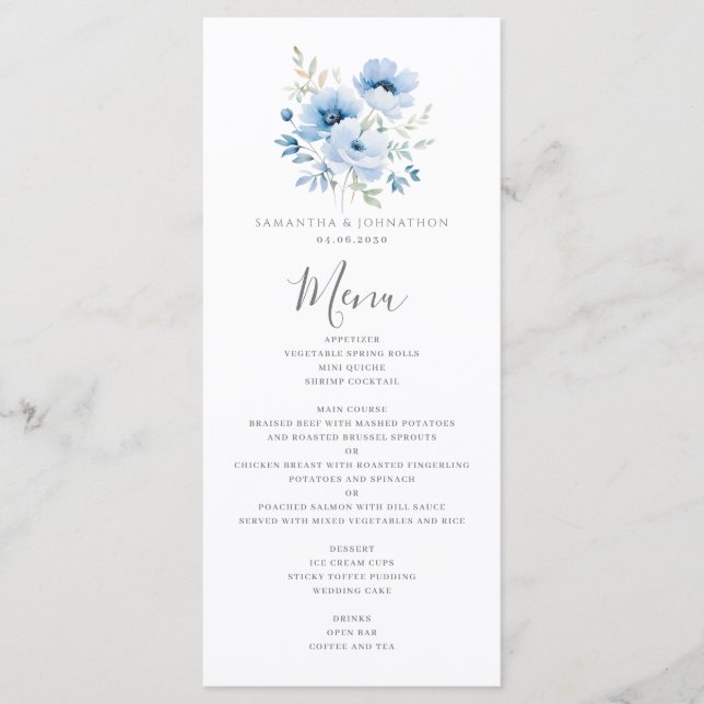 Elegantes Blue Floral Wedding Flat Menu Menükarte (Vorderseite)