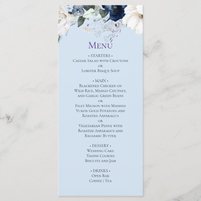 Elegantes Blue Floral Wedding Menu Menükarte (Vorderseite)
