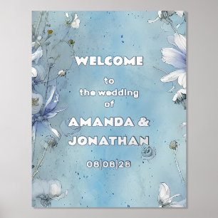 Elegantes Blue Floral Wedding Welcome Foil Sign Foliendrucke