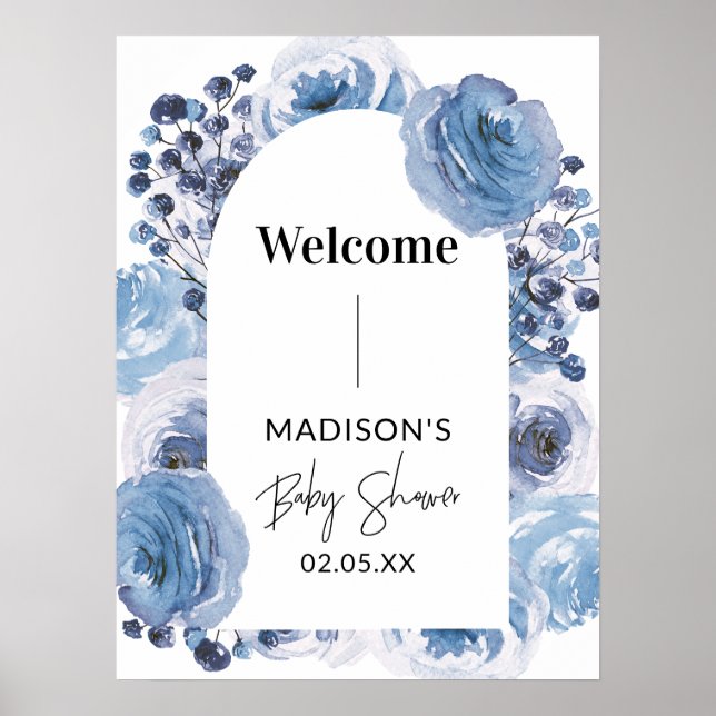 Elegantes Blue Floral Welcome Baby Duschzeichen Poster (Vorne)