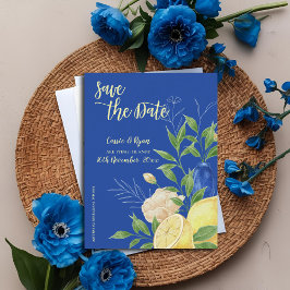 Elegantes Blue Flowers & Lemon Theme Save the Date Postkarte